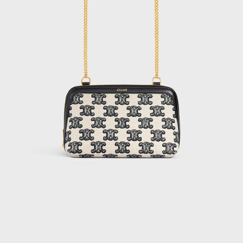 CLUTCH WITH CHAIN IN TEXTILE WITH TRIOMPHE EMBROIDERY BLACK