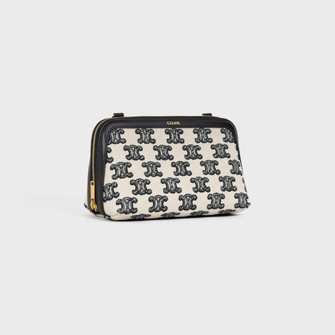 CLUTCH WITH CHAIN IN TEXTILE WITH TRIOMPHE EMBROIDERY BLACK