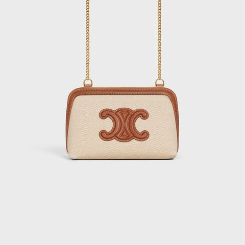 CLUTCH ON CHAIN CUIR TRIOMPHE IN TEXTILE AND CALFSKIN NATURAL / TAN