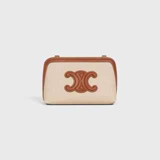 CLUTCH ON CHAIN CUIR TRIOMPHE IN TEXTILE AND CALFSKIN NATURAL / TAN