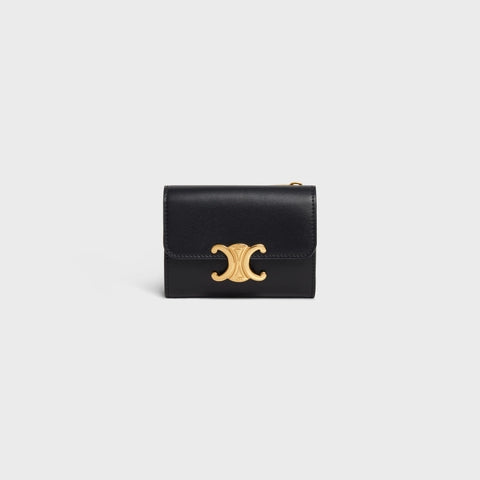 COMPACT WALLET TRIOMPHE IN SHINY CALFSKIN BLACK