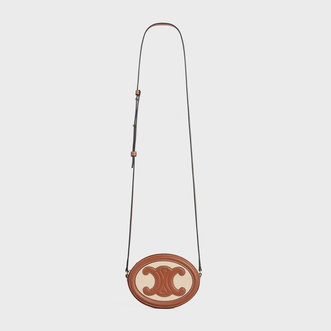 CROSSBODY OVAL PURSE CUIR TRIOMPHE IN TEXTILE AND CALFSKIN NATURAL / TAN