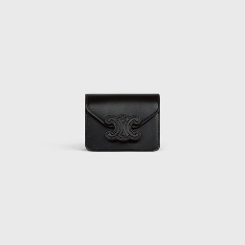 CARD HOLDER ON CHAIN TRIOMPHE IN SHINY CALFSKIN BLACK