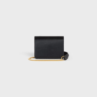 CARD HOLDER ON CHAIN TRIOMPHE IN SHINY CALFSKIN BLACK