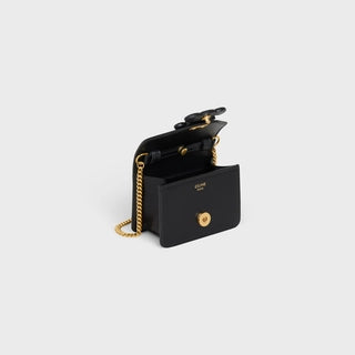 CARD HOLDER ON CHAIN TRIOMPHE IN SHINY CALFSKIN BLACK