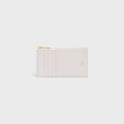 ZIPPED COMPACT CARD HOLDER ESSENTIALS IN GRAINED CALFSKIN CHALK