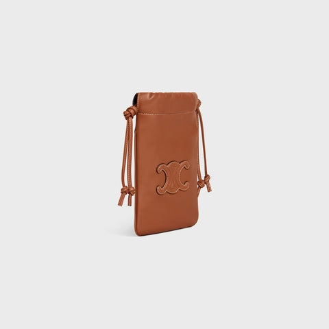 DRAWSTRING PHONE POUCH CUIR TRIOMPHE IN SMOOTH LAMBSKIN TAN