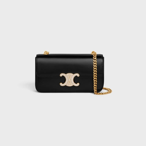 CHAIN SHOULDER BAG TRIOMPHE WITH STRASS CLOSURE IN SHINY CALFSKIN BLACK