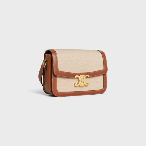 CLASSIQUE TRIOMPHE BAG IN TEXTILE AND CALFSKIN NATURAL / TAN