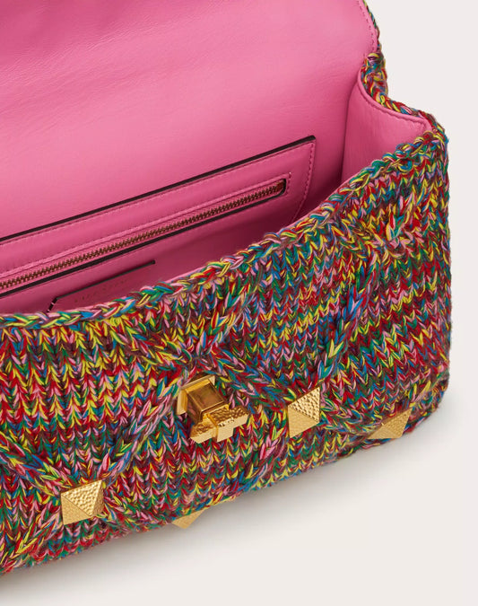 LARGE MULTICOLORED COTTON ROMAN STUD THE SHOULDER BAG WITH CHAIN