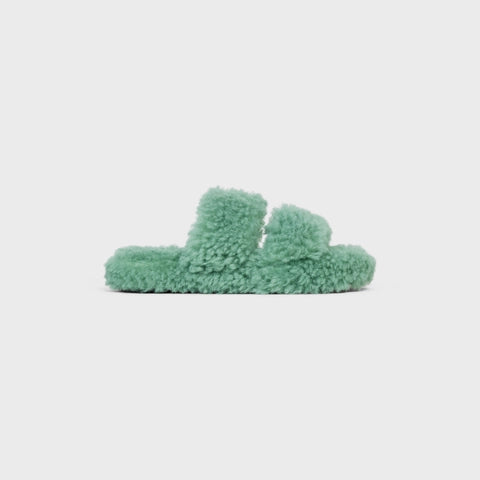 CELINE FUR SLIDES TRIOMPHE OPEN SLIDE IN SHEARLING WATER GREEN