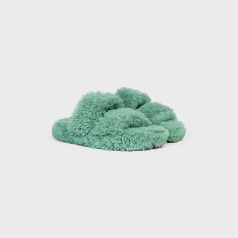 CELINE FUR SLIDES TRIOMPHE OPEN SLIDE IN SHEARLING WATER GREEN