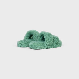 CELINE FUR SLIDES TRIOMPHE OPEN SLIDE IN SHEARLING WATER GREEN