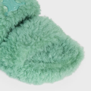 CELINE FUR SLIDES TRIOMPHE OPEN SLIDE IN SHEARLING WATER GREEN