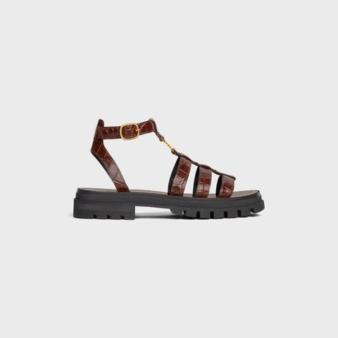 CLEA TRIOMPHE GLADIATOR CHUNKY SANDAL IN CROCODILE STAMPED CALFSKIN DARK BROWN