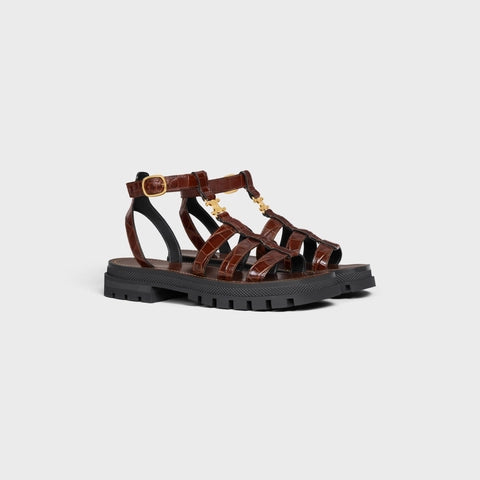 CLEA TRIOMPHE GLADIATOR CHUNKY SANDAL IN CROCODILE STAMPED CALFSKIN DARK BROWN