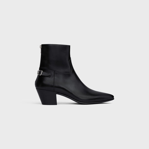 CELINE JACNO BACK BUCKLE ZIPPED BOOT IN SHINY CALFSKIN BLACK