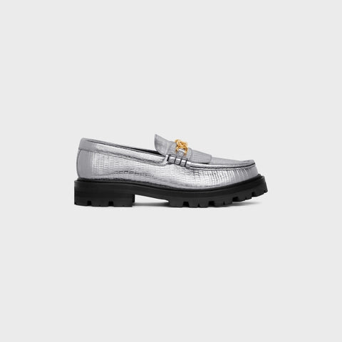 MARGARET LOAFER WITH TRIOMPHE IN LAMINATED TEJUS STAMPED CALFSKIN SILVER