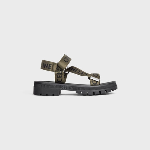 CELINE LEO STRAPPY SANDAL IN WITH "CELINE" JACQUARD KHAKI / BLACK