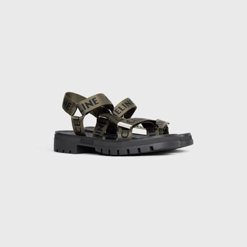 CELINE LEO STRAPPY SANDAL IN WITH "CELINE" JACQUARD KHAKI / BLACK