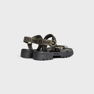 CELINE LEO STRAPPY SANDAL IN WITH "CELINE" JACQUARD KHAKI / BLACK