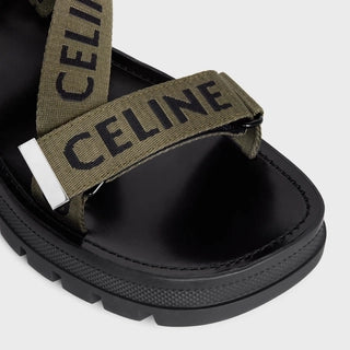 CELINE LEO STRAPPY SANDAL IN WITH "CELINE" JACQUARD KHAKI / BLACK