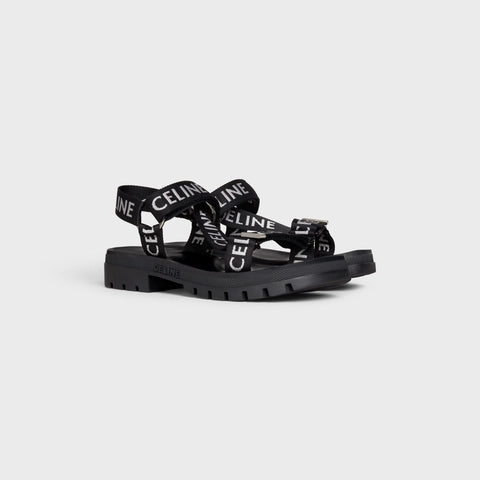 CELINE LEO STRAPPY SANDAL IN WITH "CELINE" JACQUARD BLACK / WHITE