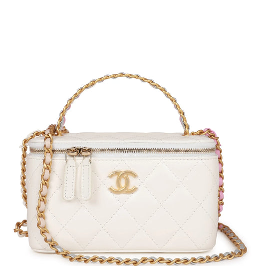 Chanel Small Vanity Case White Patent Leather Antique Gold Hardware