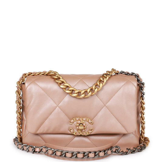 Chanel Medium 19 Flap Bag Beige Iridescent Calfskin Mixed Hardware