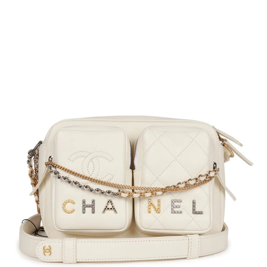 Chanel Small Camera Bag White Calfskin Mixed Metal Hardware