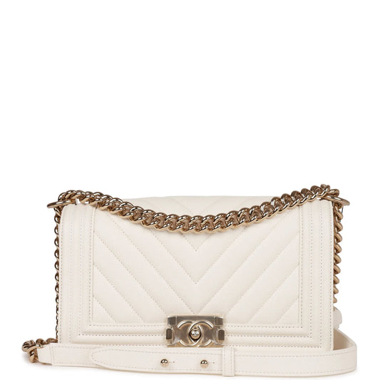 Chanel Medium Boy White Chevron Caviar Light Gold Hardware