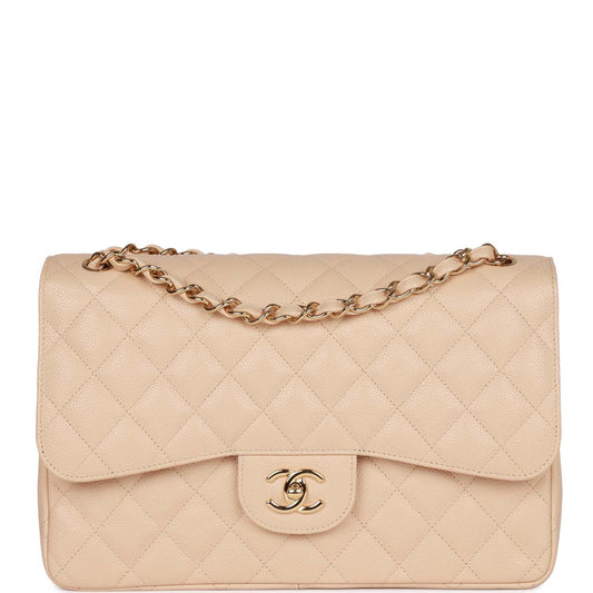 Pre-owned Chanel Jumbo Classic Double Flap Bag Beige Caviar Gold Hardware