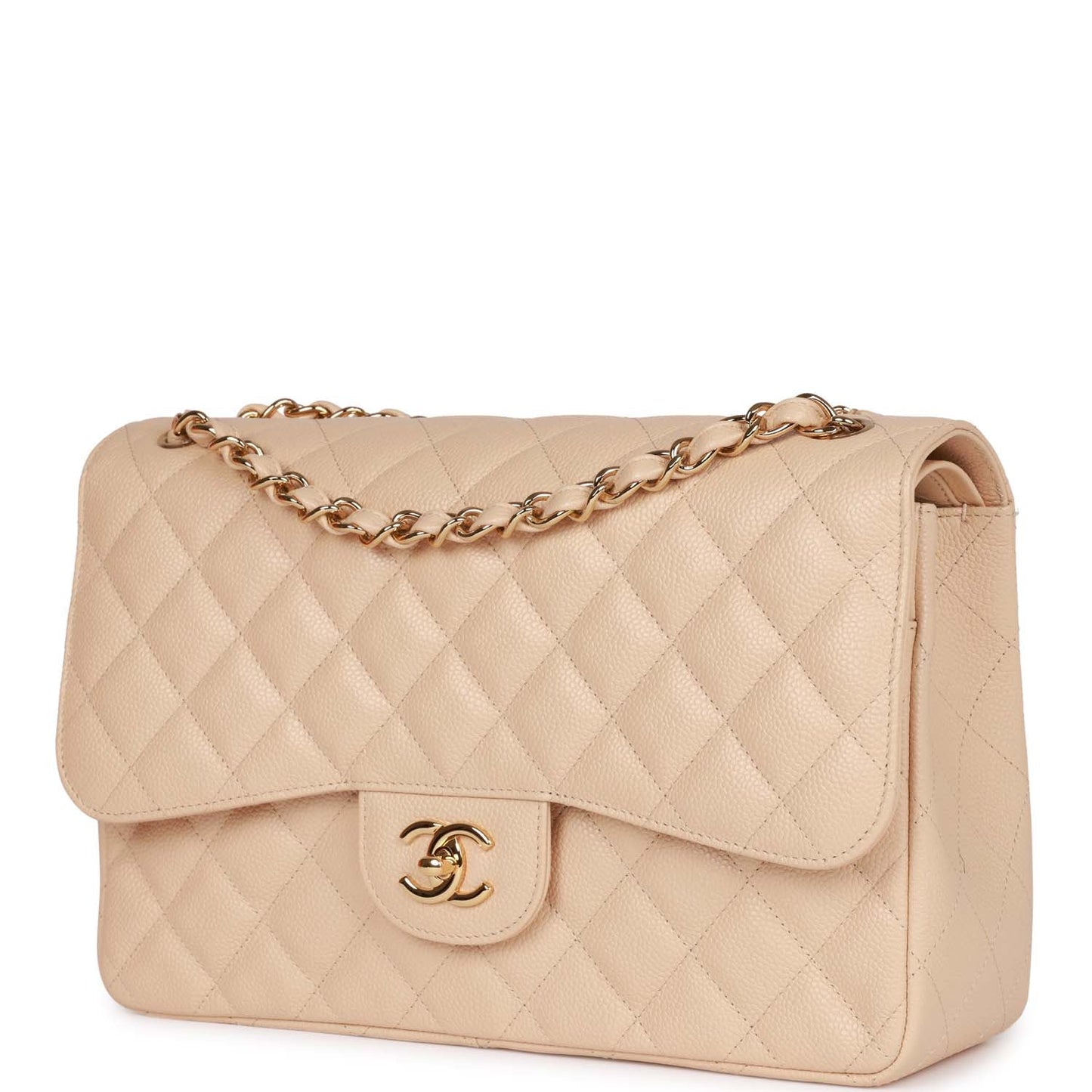 Pre-owned Chanel Jumbo Classic Double Flap Bag Beige Caviar Gold Hardware