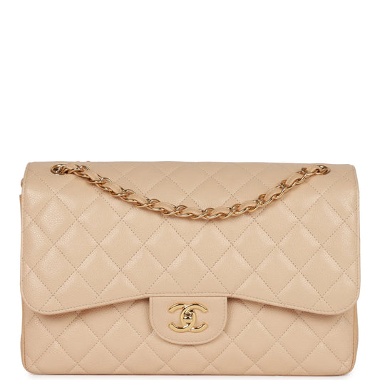 Chanel Jumbo Classic Double Flap Bag Beige Caviar Gold Hardware