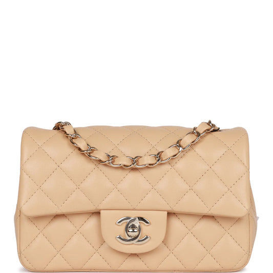 Chanel Mini Rectangular Flap Bag Beige Lambskin Light Gold Hardware