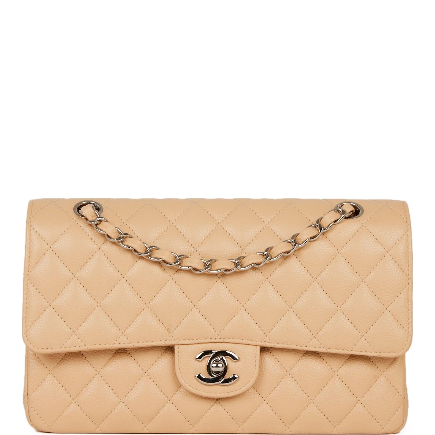 Pre-owned Chanel Medium Classic Double Flap Bag Beige Caviar Silver Hardware