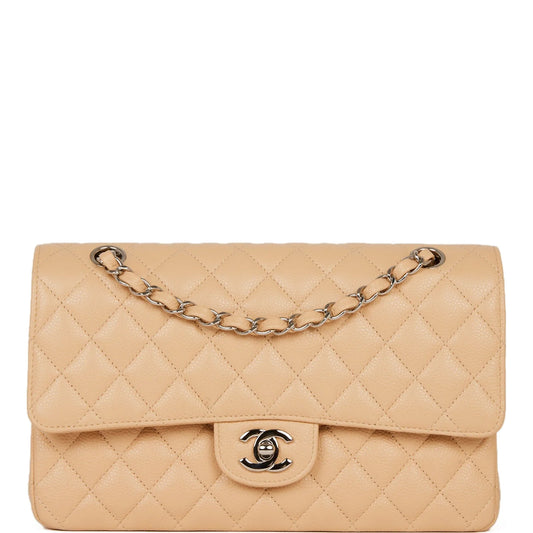 Pre-owned Chanel Medium Classic Double Flap Bag Beige Caviar Silver Hardware