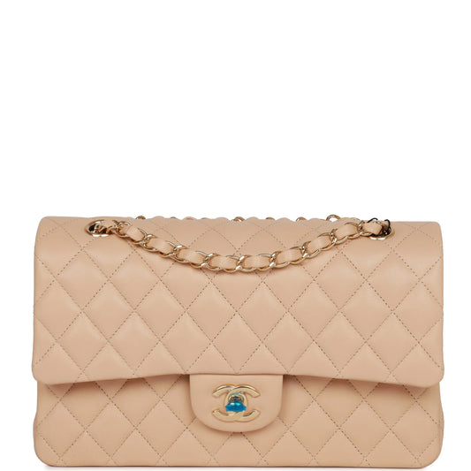 Chanel Medium Classic Double Flap Bag Beige Lambskin Light Gold Hardware