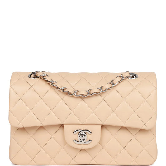 Chanel Small Classic Double Flap Beige Lambskin Silver Hardware