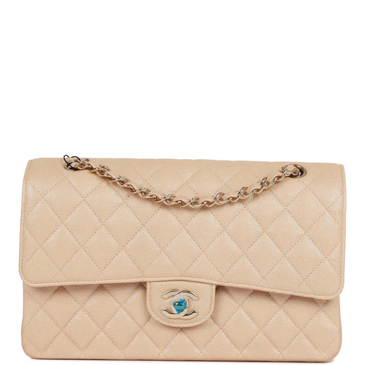 Chanel Medium Classic Double Flap Bag Beige Iridescent Caviar Light Gold Hardware