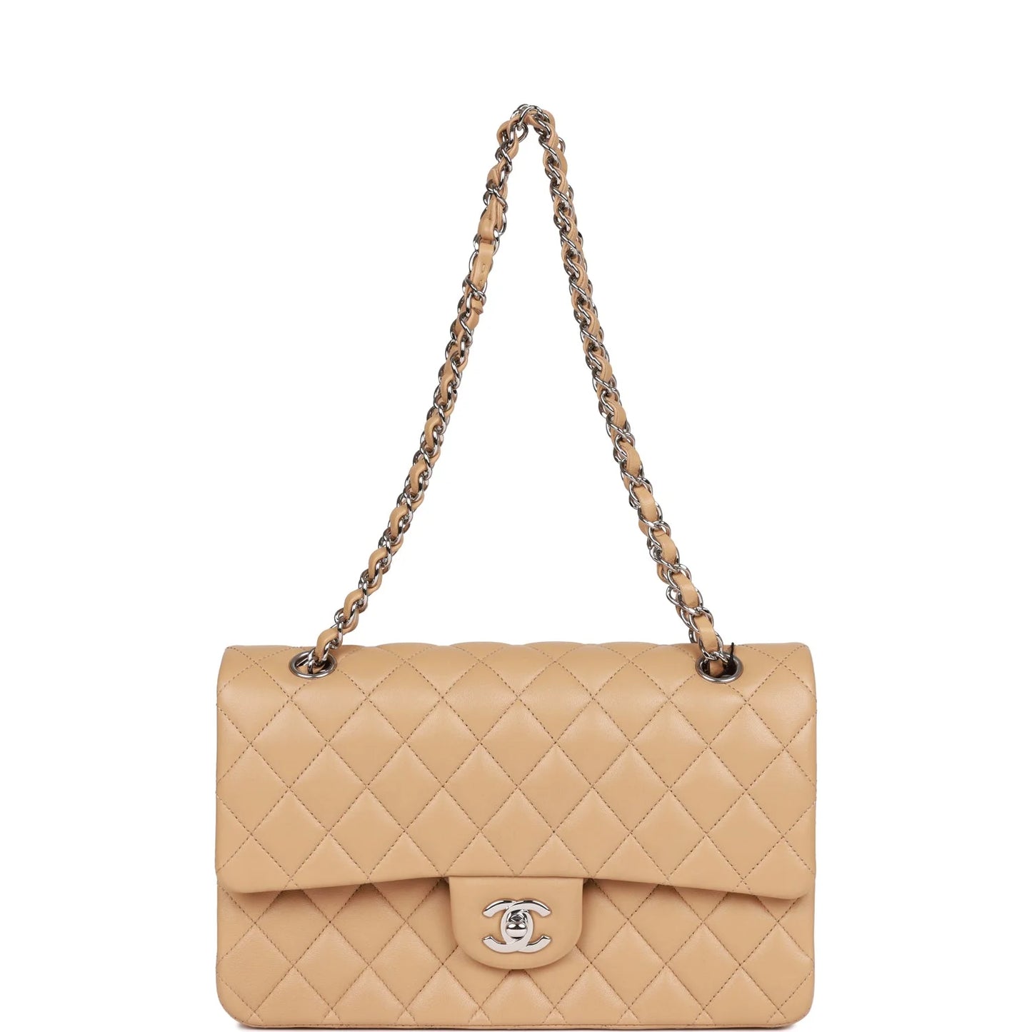 Chanel Medium Classic Double Flap Bag Beige Lambskin Silver Hardware