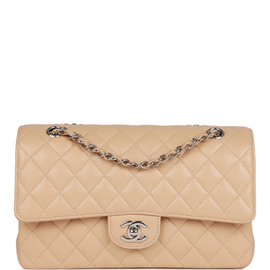 Chanel Medium Classic Double Flap Bag Beige Caviar Silver Hardware