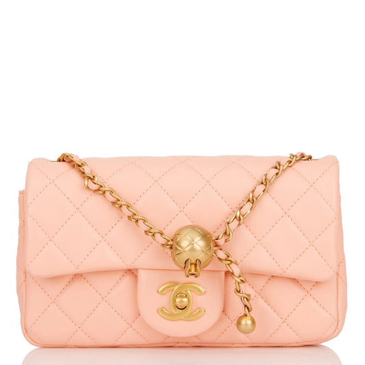 Chanel Pearl Crush Mini Rectangular Flap Bag Peach Lambskin Antique Gold Hardware