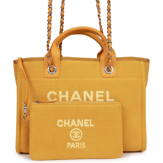 Chanel Small Deauville Shopping Bag Dark Yellow Boucle Light Gold Hardware