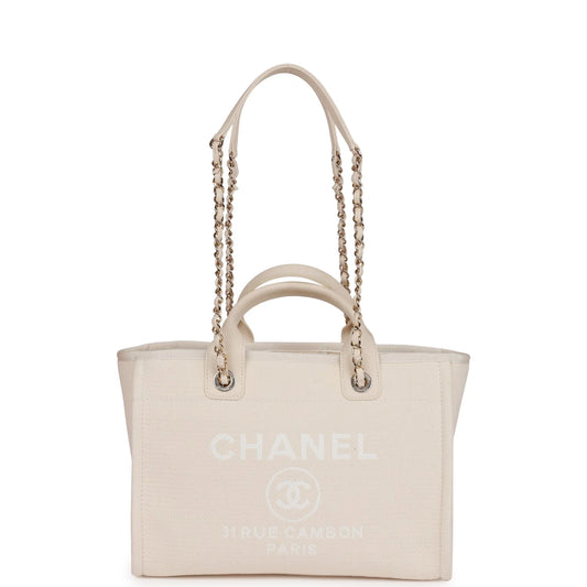 Chanel Small Deauville Shopping Bag White Boucle Light Gold Hardware