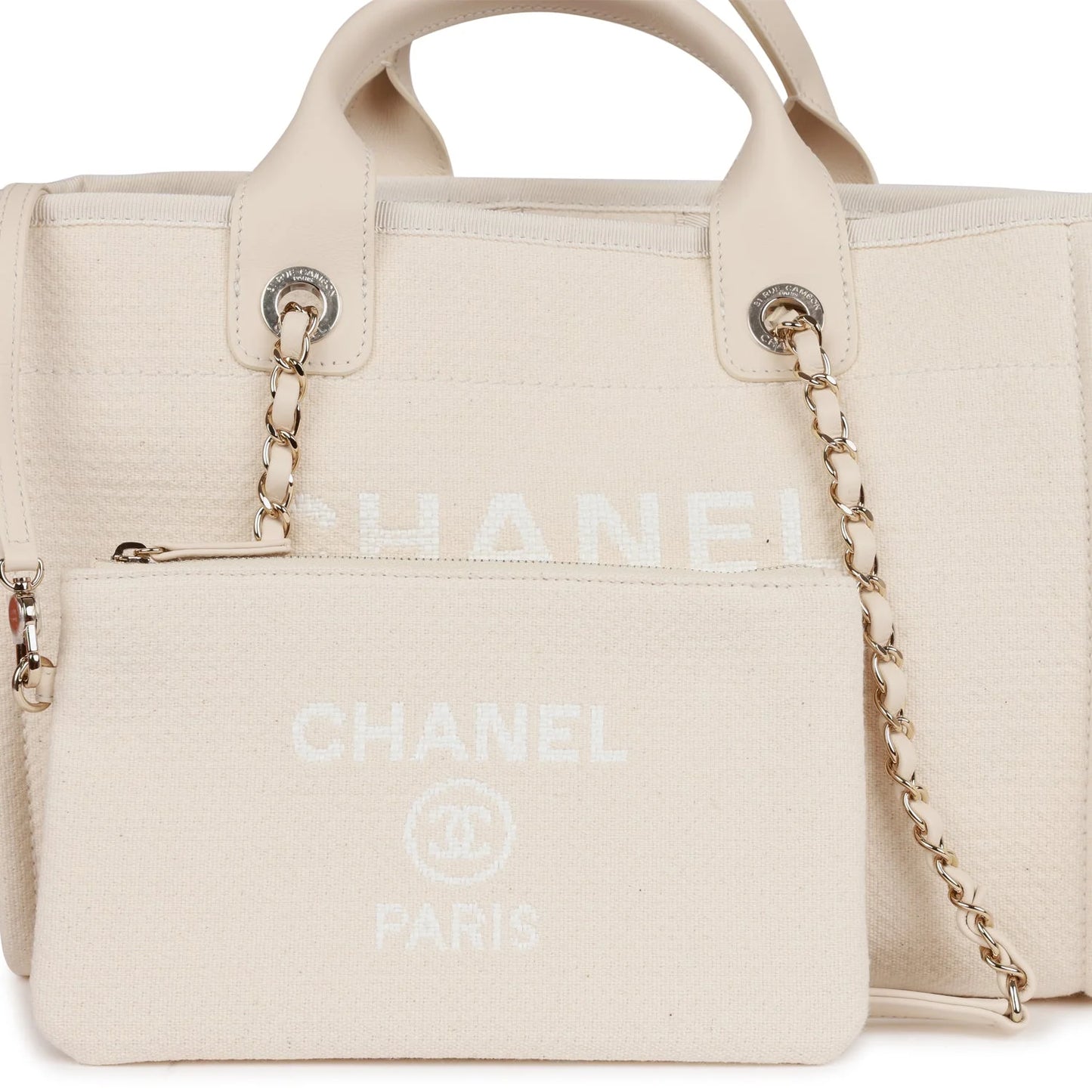 Chanel Small Deauville Shopping Bag White Boucle Light Gold Hardware