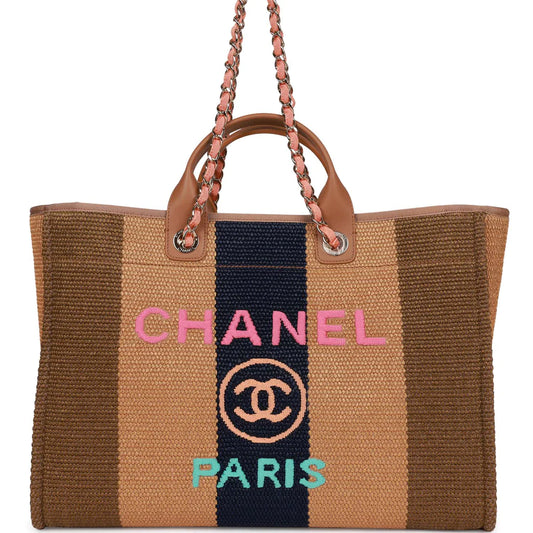 Chanel Large Deauville Shopping Bag Multicolor Viscose Light Gold Hardware