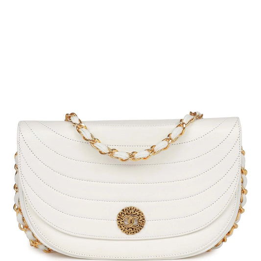 Vintage Chanel Half Moon Shoulder Bag White Lambskin Gold Hardware