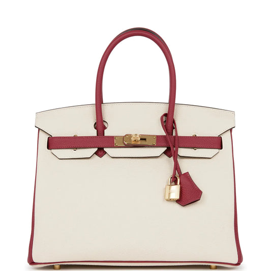 Hermès Special Order (HSS) Birkin 30 Craie and Rouge Grenat Togo Permabrass Hardware