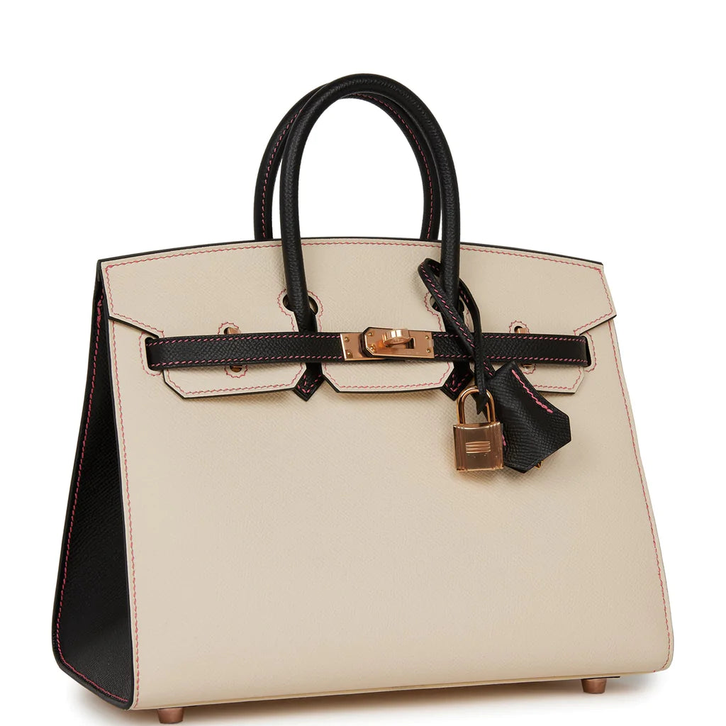 Hermès Special Order (HSS) Birkin Sellier 25 Nata and Black Epsom Rose Gold Hardware